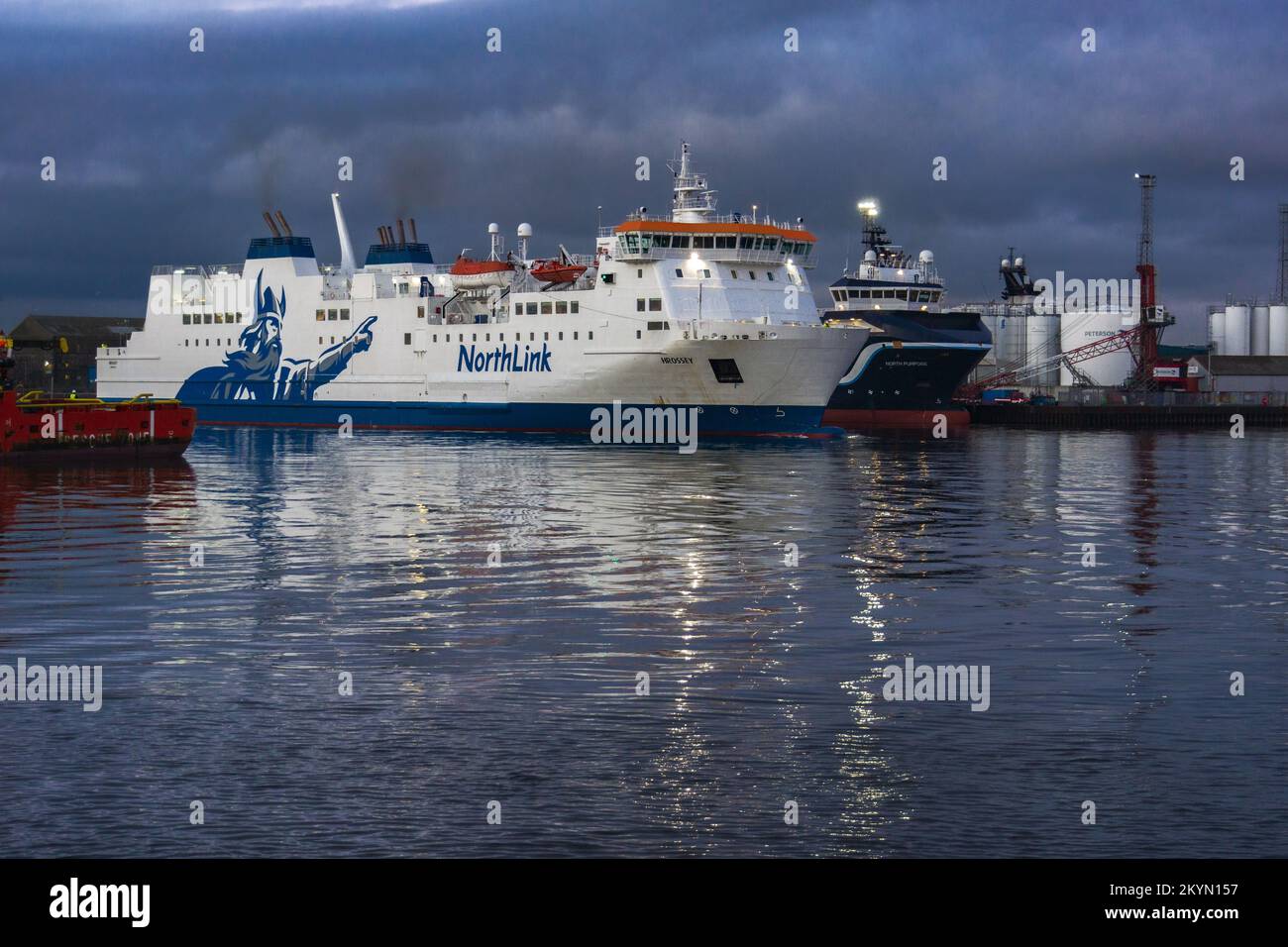 Aberdeen harbor, Shetlands ferry arriving and departing the port. Stock Photo