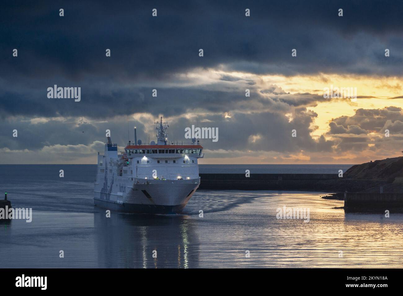 Aberdeen harbor, Shetlands ferry arriving and departing the port. Stock Photo