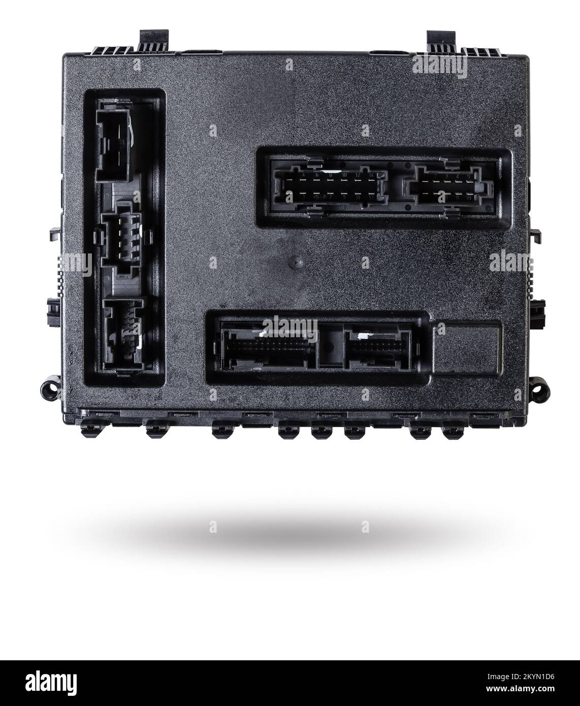 Plastic car engine control unit with metal elements on a white isolated