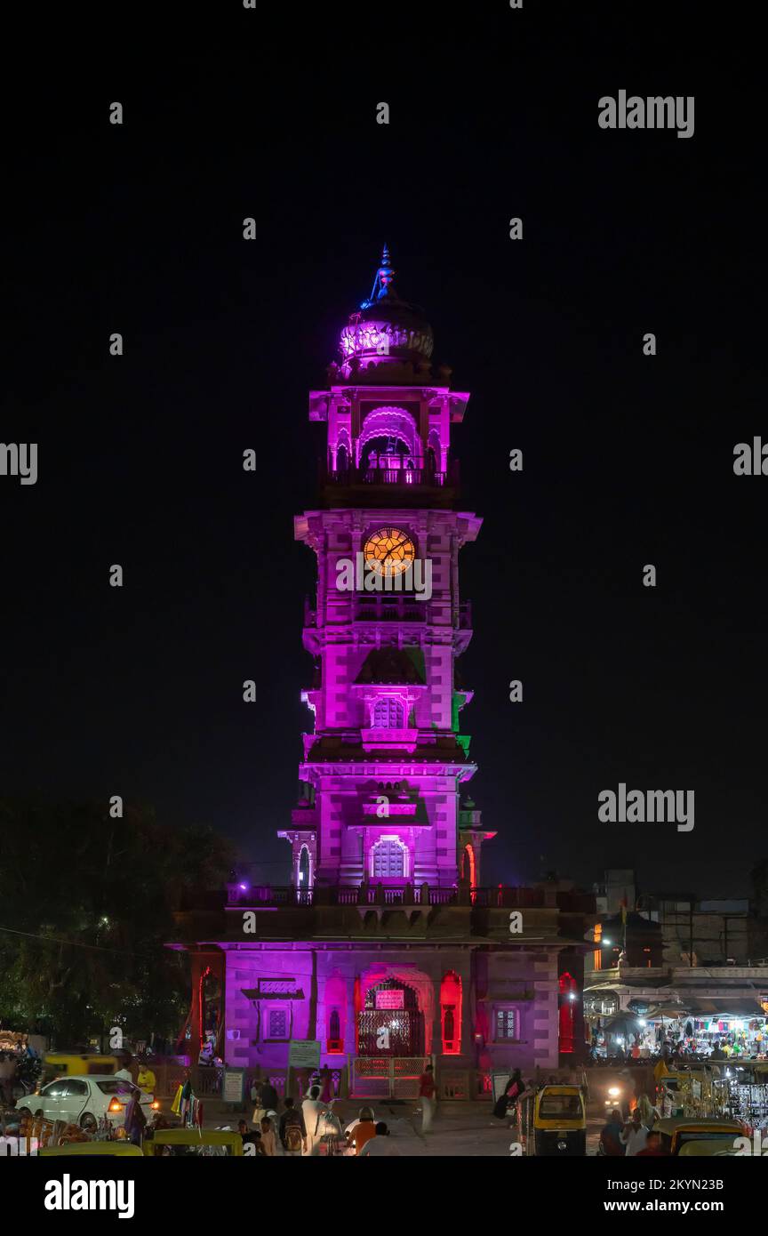 Jodhpur, Rajasthan, India - 18.10.2019 : Popular Sardar Market and Ghanta ghar, Clock tower in evening at Jodhpur, Rajasthan, India. Vertical image. Stock Photo