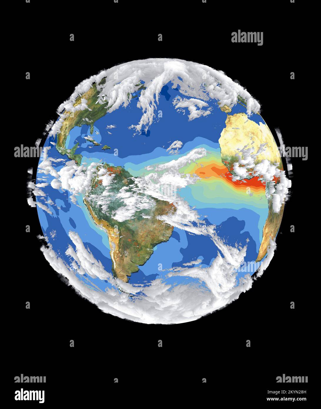 Satellite data and images such as those presented in this image of Earth give scientists a more comprehensive view of the Earth's interrelated systems and climate. Four different satellites contributed to the making of this image. Sea-viewing Wide Field-of-view Sensor (SeaWiFS) provided the land image layer and is a true color composite of land vegetation for cloud-free conditions from September 18 to October 3, 1997. Each red dot over South America and Africa represents a fire detected by the Advanced Very High Resolution Radiometer. The oceanic aerosol layer is based on National Oceanic and Stock Photo