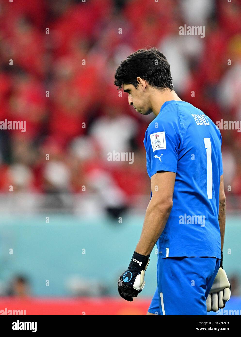 Doha, Qatar. 1st Dec, 2022. Yassine Bounou, goalkeeper of Morocco, reacts during the Group F match between Canada and Morocco at the 2022 FIFA World Cup at Al Thumama Stadium in Doha, Qatar, Dec. 1, 2022. Credit: Xin Yuewei/Xinhua/Alamy Live News Stock Photo