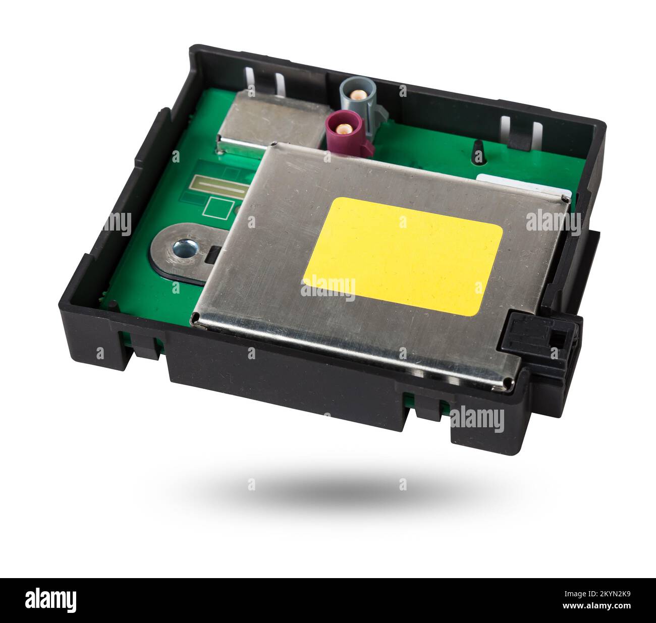 Plastic car engine control unit with metal elements on a white isolated