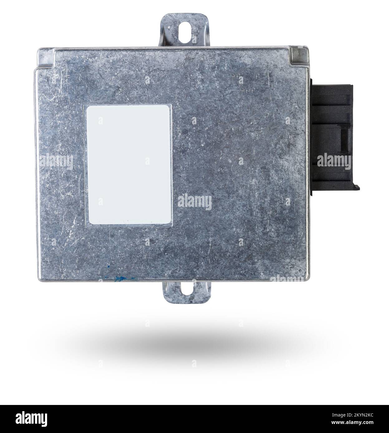 Plastic car engine control unit with metal elements on a white isolated