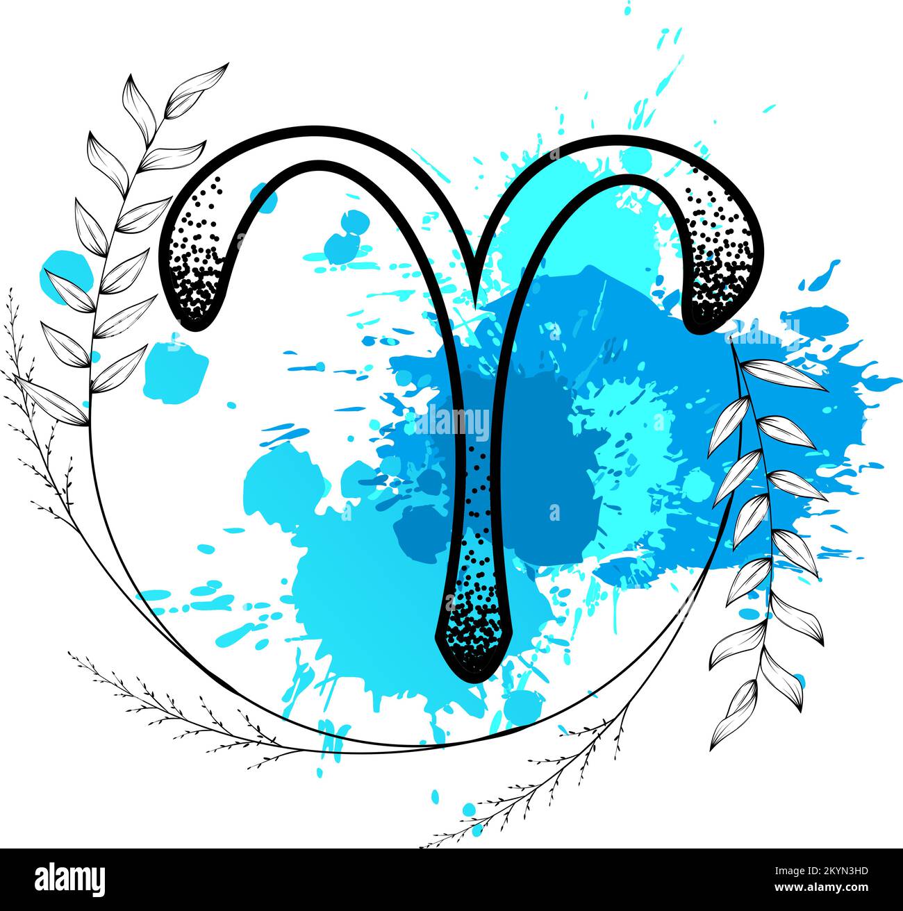 aries zodiac symbol tattoo watercolor splatter flowers lines illustration in vector format Stock
