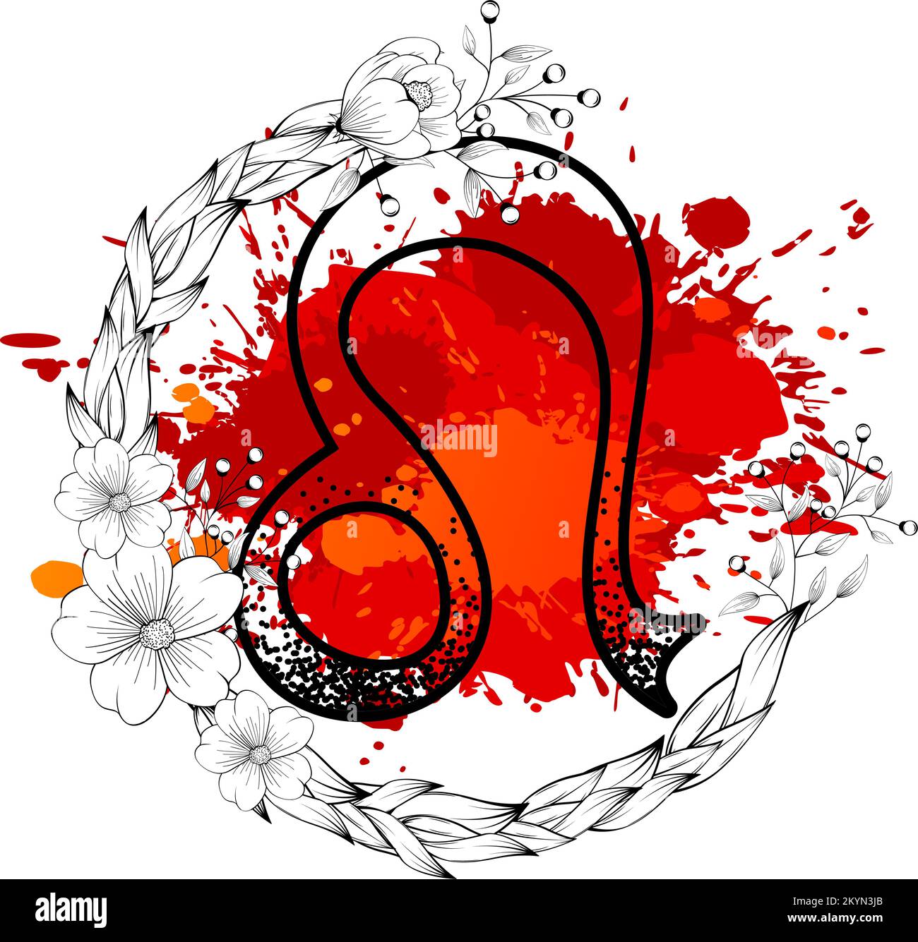 leo zodiac symbol tattoo watercolor splatter flowers lines illustration