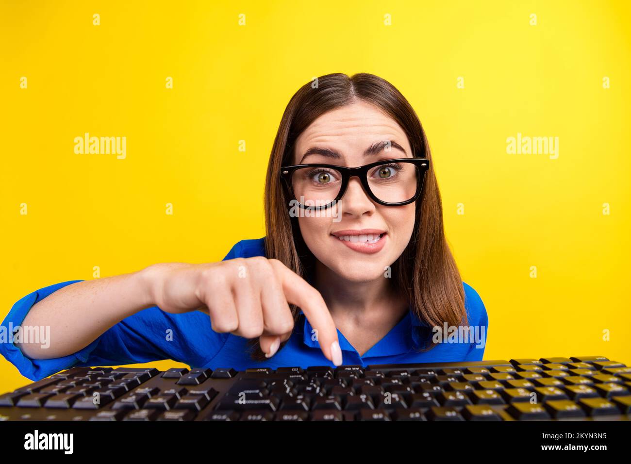 Photo Of Young Stressed Nervous Attractive Cute Crazy Business Woman Programmer Oops Finger 8551