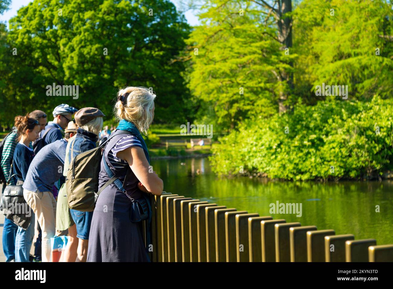 People enjoying nature from the Sackler Crossing Bridge over the lake in Kew Gardens, London, UK Stock Photo