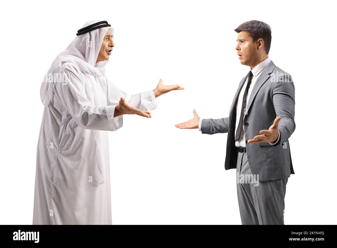 Arab man and a businessman having a fight isolated on white background Stock Photo