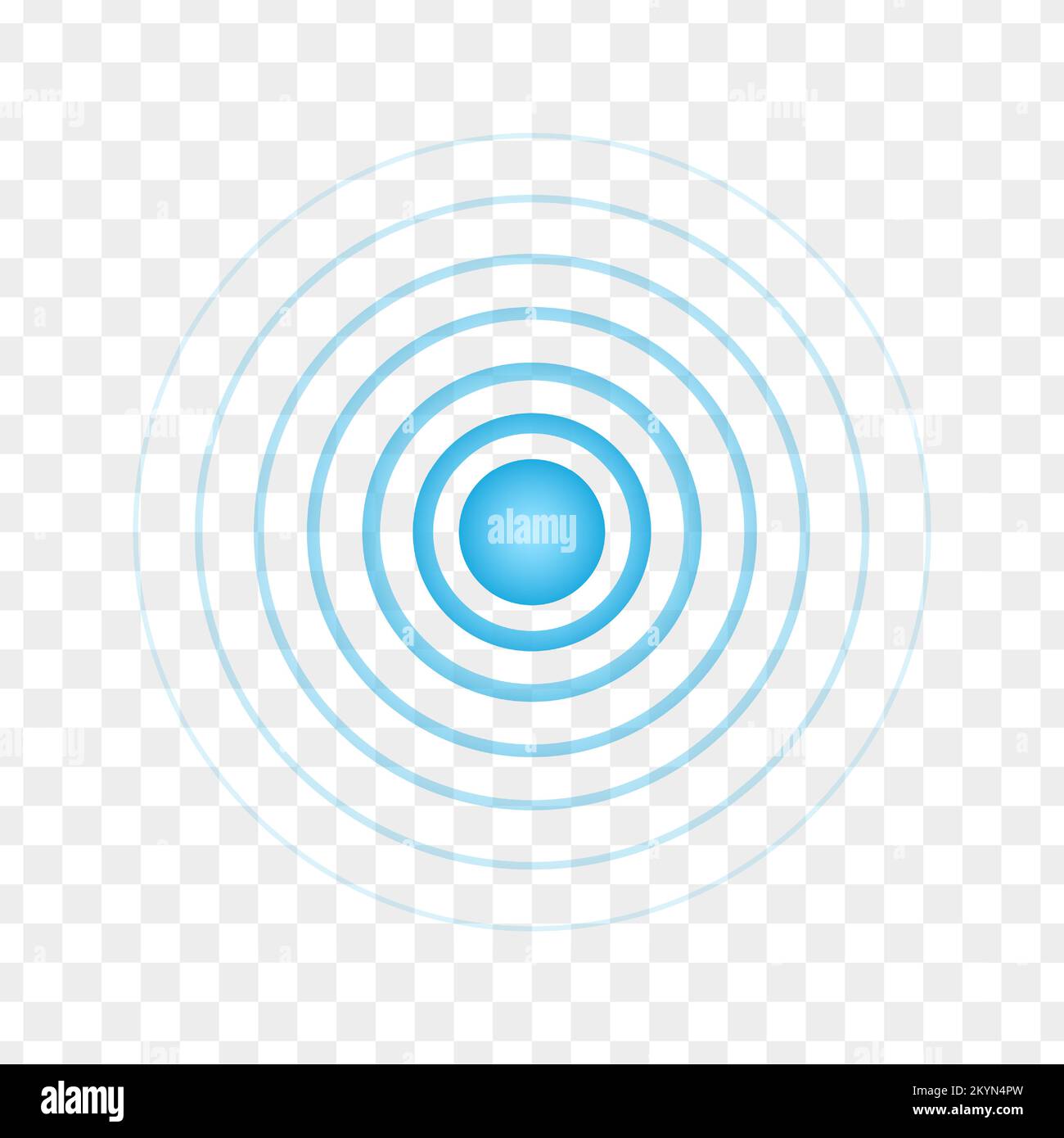 Blue point with concentric circles. Radar signal, sound or sonar wave sign on transparent background. Symbol of aim, target, healing, hurt, painkilling. Round localization icon. Vector illustration Stock Vector