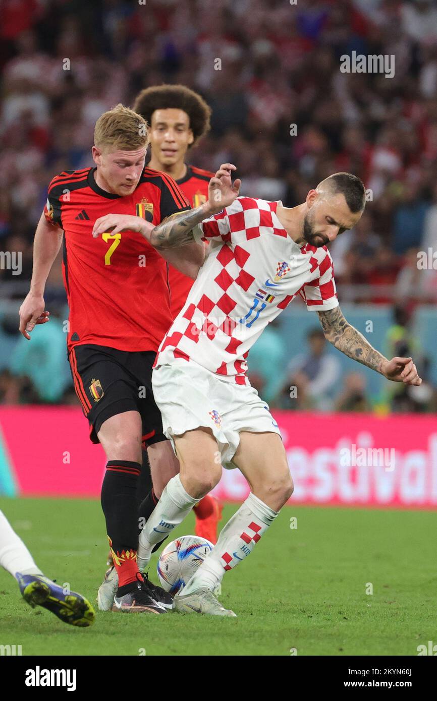 Doha, Qatar, 01/12/2022, Belgium's Kevin De Bruyne and Croatian Marcelo Brozovic pictured in action during a soccer game between Belgium's national team the Red Devils and Croatia, the third and last game in Group F of the FIFA 2022 World Cup in Al Rayyan, State of Qatar on Thursday 01 December 2022. BELGA PHOTO VIRGINIE LEFOUR Credit: Belga News Agency/Alamy Live News Stock Photo