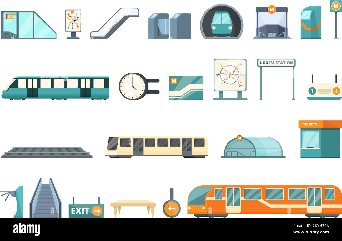 Subway station icons set cartoon vector. Train hub. Travel people Stock Vector