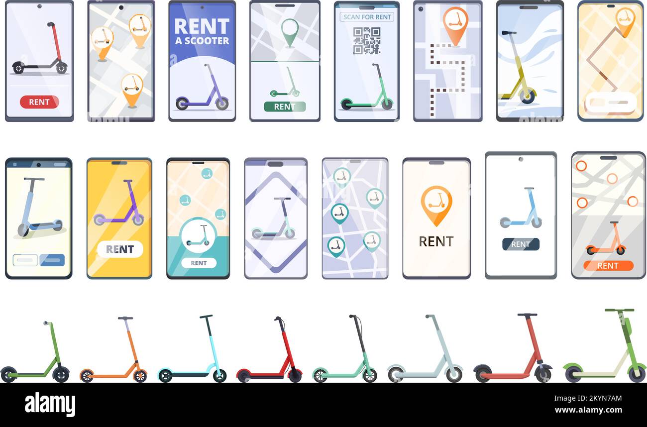 Scooter rental icons set cartoon vector. Electric parking. Charging