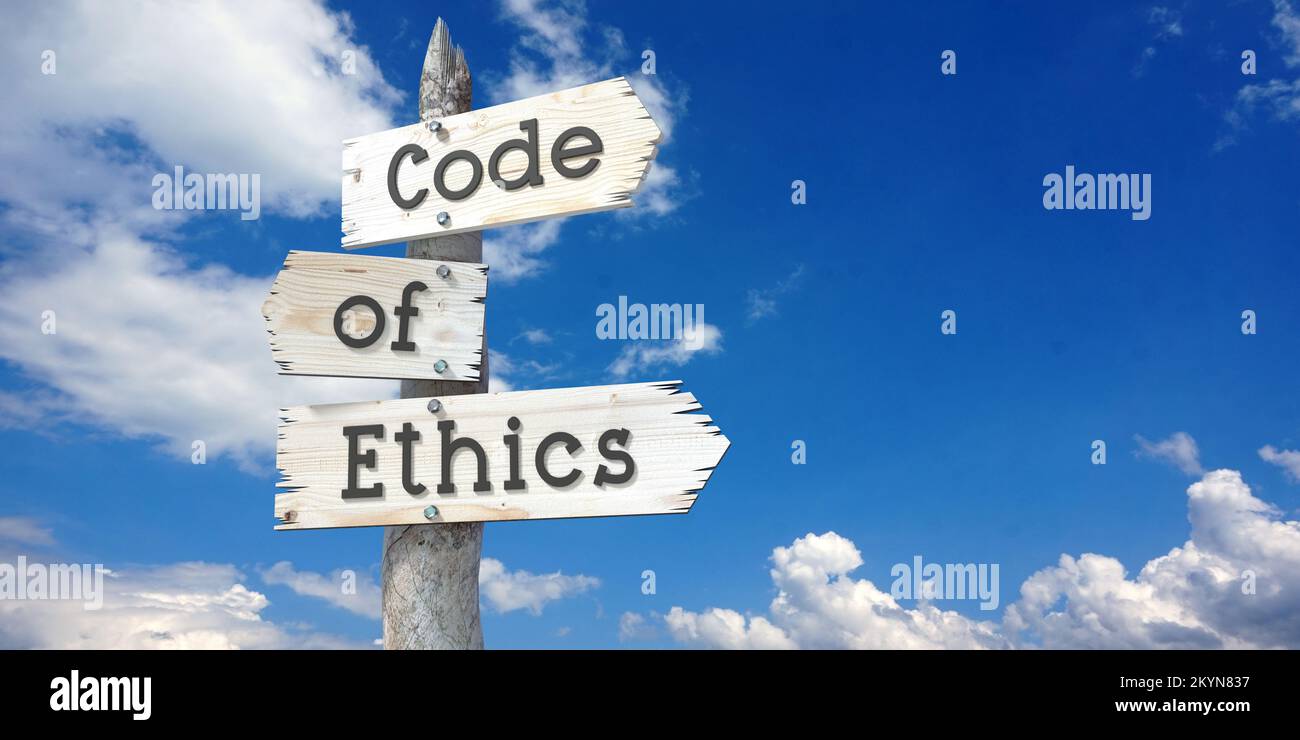 Code of ethics wooden signpost with three arrows Stock Photo Alamy