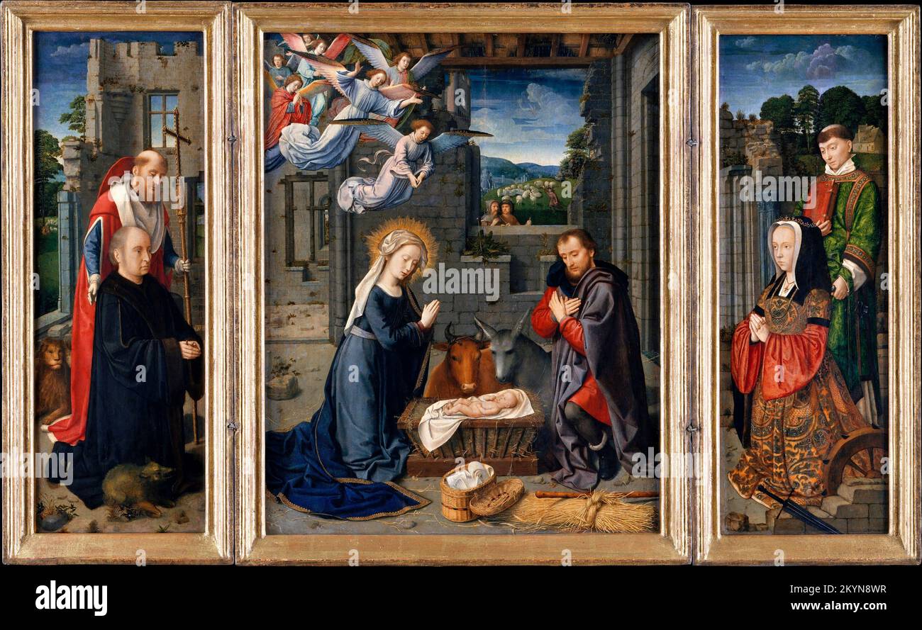 The Nativity with Donors and Saints Jerome and Leonard by Gerard David (c.1450/60-1523),  oil on canvas transferred from wood, c. 1510-15 Stock Photo