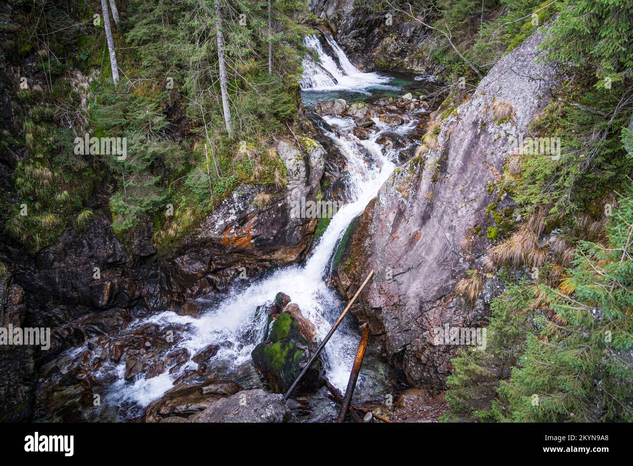 Mickiewicz waterfall near the road to Morskie Oko lake. Zakopane, Tatra Mountains National park, Poland. Stock Photo