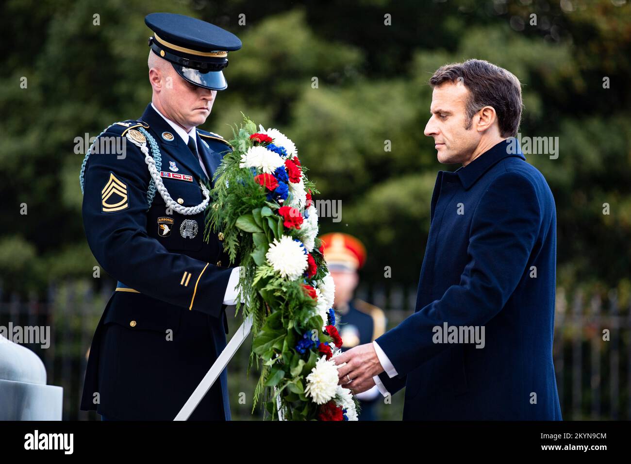 Arlington, United States Of America. 30th Nov, 2022. Arlington, United States of America. 30 November, 2022. French President Emmanuel Macron, right, participates in a full honors wreath-laying ceremony at the Tomb of the Unknown Soldier at Arlington National Cemetery, November 30, 2022 in Arlington, Virginia, USA. Credit: Elizabeth Fraser/U.S. Army/Alamy Live News Stock Photo