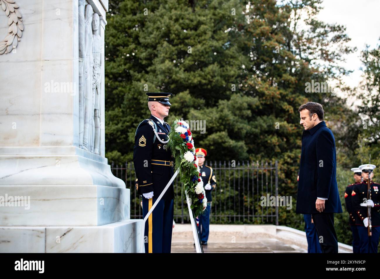Arlington, United States Of America. 30th Nov, 2022. Arlington, United States of America. 30 November, 2022. French President Emmanuel Macron, right, participates in a full honors wreath-laying ceremony at the Tomb of the Unknown Soldier at Arlington National Cemetery, November 30, 2022 in Arlington, Virginia, USA. Credit: Elizabeth Fraser/U.S. Army/Alamy Live News Stock Photo