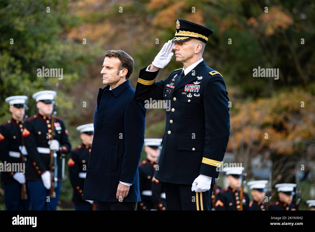 Arlington, United States Of America. 30th Nov, 2022. Arlington, United States of America. 30 November, 2022. French President Emmanuel Macron, center, and U.S. Army Maj. Gen. Allan M. Pepin, right, stand for a moment of silence during the full honors wreath-laying ceremony at the Tomb of the Unknown Soldier at Arlington National Cemetery, November 30, 2022 in Arlington, Virginia, USA. Credit: Elizabeth Fraser/U.S. Army/Alamy Live News Stock Photo