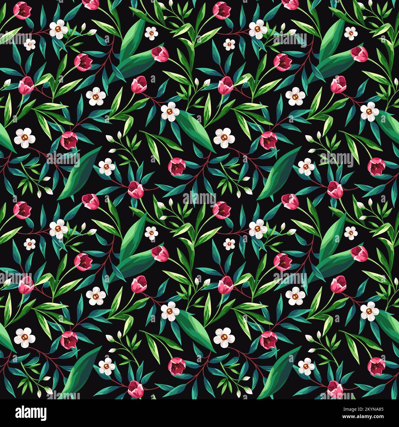 Floral seamless pattern with pink and white flowers and green leaves on ...