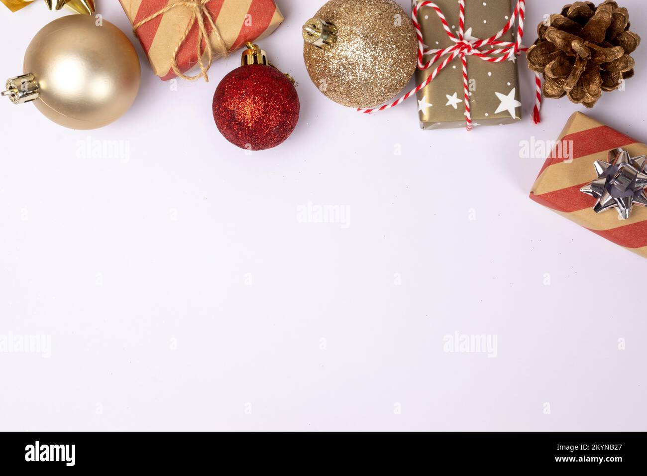 Christmas background with copy space on white, gift boxes, red and ...