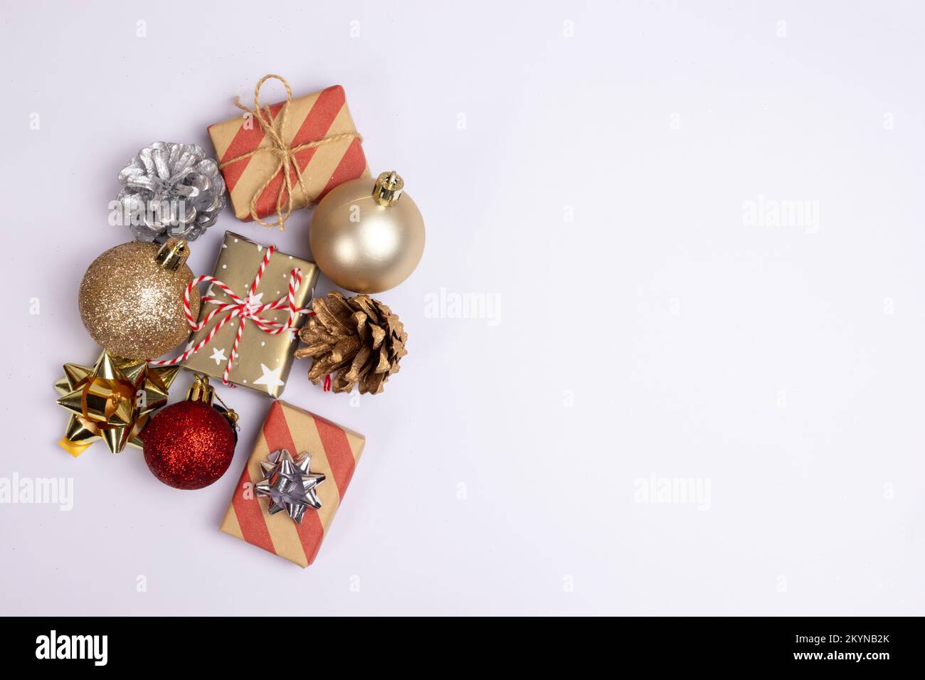 Christmas background with copy space on white, gift boxes, red and ...