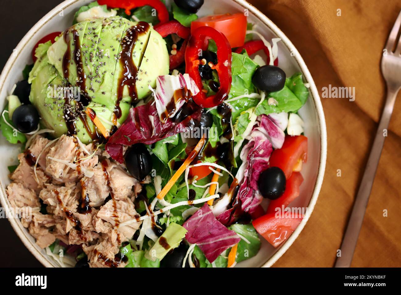 Healthy salad with tuna and avocado. Diet food. Keto diet. Stock Photo