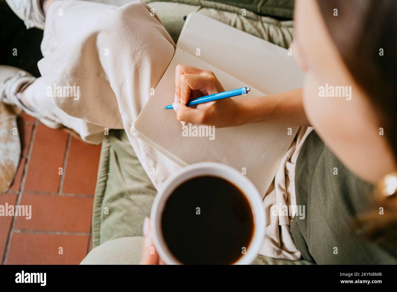 Directly above view of female entrepreneur writing in diary with pen at studio Stock Photo