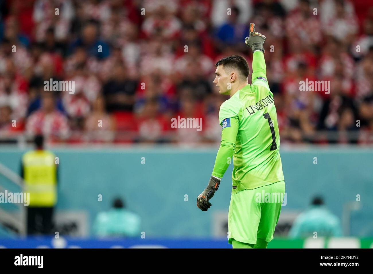 DOHA, QATAR - DECEMBER 1: Player of Croatia Dominik Livakovic gives instruction to the team during the FIFA World Cup Qatar 2022 group F match between Croatia and Belgium at Ahmad Bin Ali Stadium on December 1, 2022 in Doha, Qatar. (Photo by Florencia Tan Jun/PxImages) Stock Photo