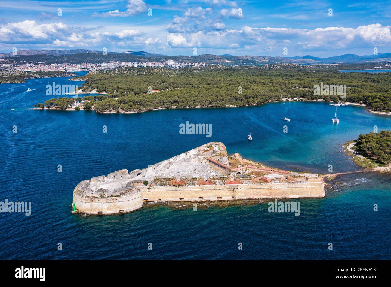 Aerial shot of St. Nicholas Fortress near Sibenik in Croatia. Old St. Nicholas fortress at Sibenik bay entrance, Dalmatia, Croatia, drone aerial shot Stock Photo
