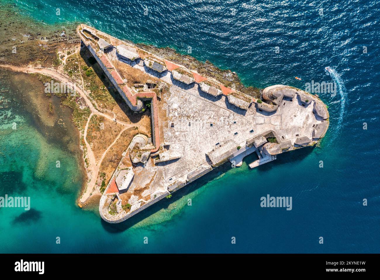 Aerial shot of St. Nicholas Fortress near Sibenik in Croatia. Old St. Nicholas fortress at Sibenik bay entrance, Dalmatia, Croatia, drone aerial shot Stock Photo