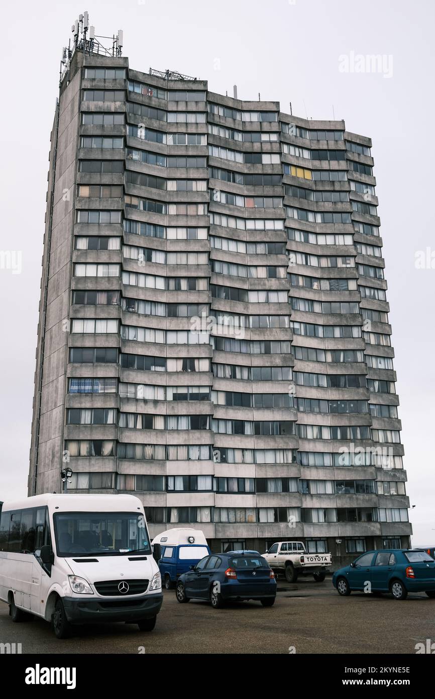 Residential Apartment Block, Arlington House, Margate, Kent, UK. Built in 1963. (The car registration plates have been removed to anonimise the vehicl Stock Photo
