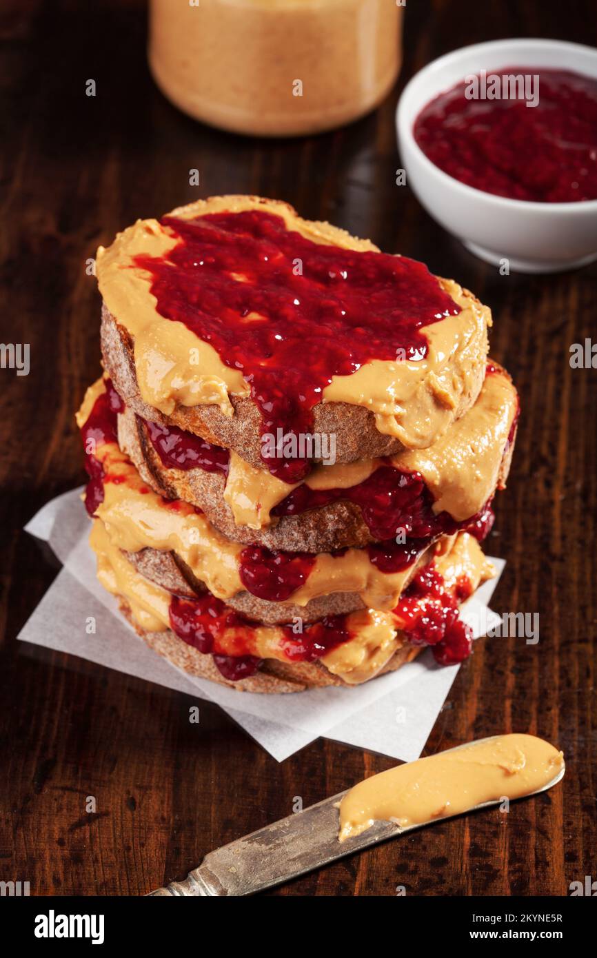 peanut butter and jam sandwich, american traditional bread toast Stock