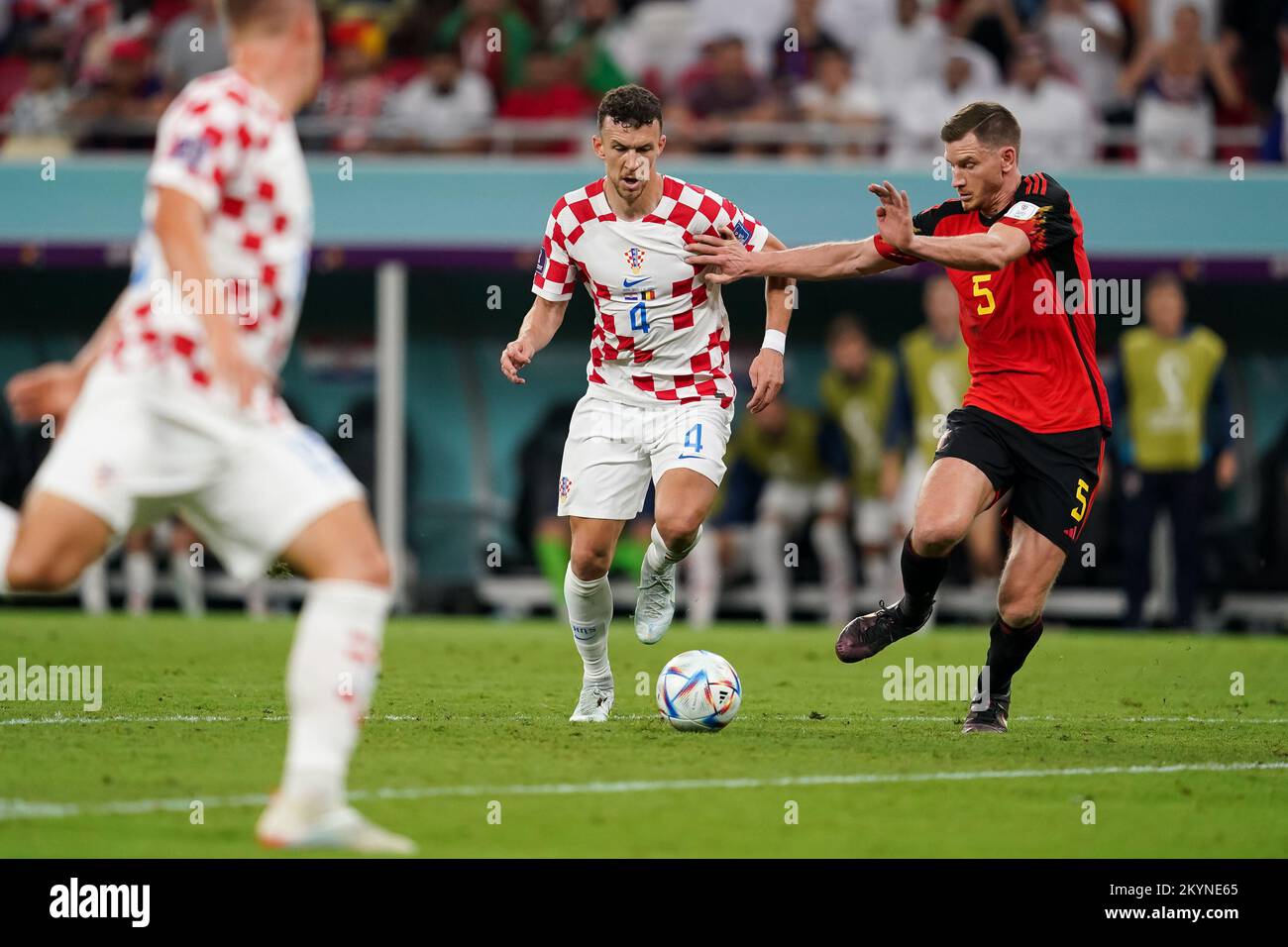 DOHA, QATAR - DECEMBER 1: Player of Croatia  Ivan Perisic fights for the ball with player of Belgium Jan Vertonghen during the FIFA World Cup Qatar 2022 group F match between Croatia and Belgium at Ahmad Bin Ali Stadium on December 1, 2022 in Doha, Qatar. (Photo by Florencia Tan Jun/PxImages) Stock Photo