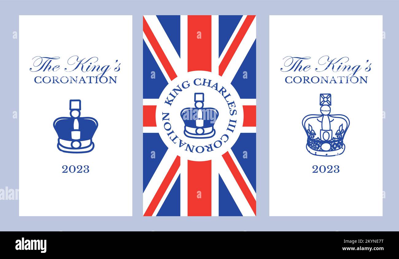 Poster for King Charles III Coronation with British flag vector illustration. Greeting card for celebrate a coronation of Prince Charles of Wales becomes King of England.  Stock Vector