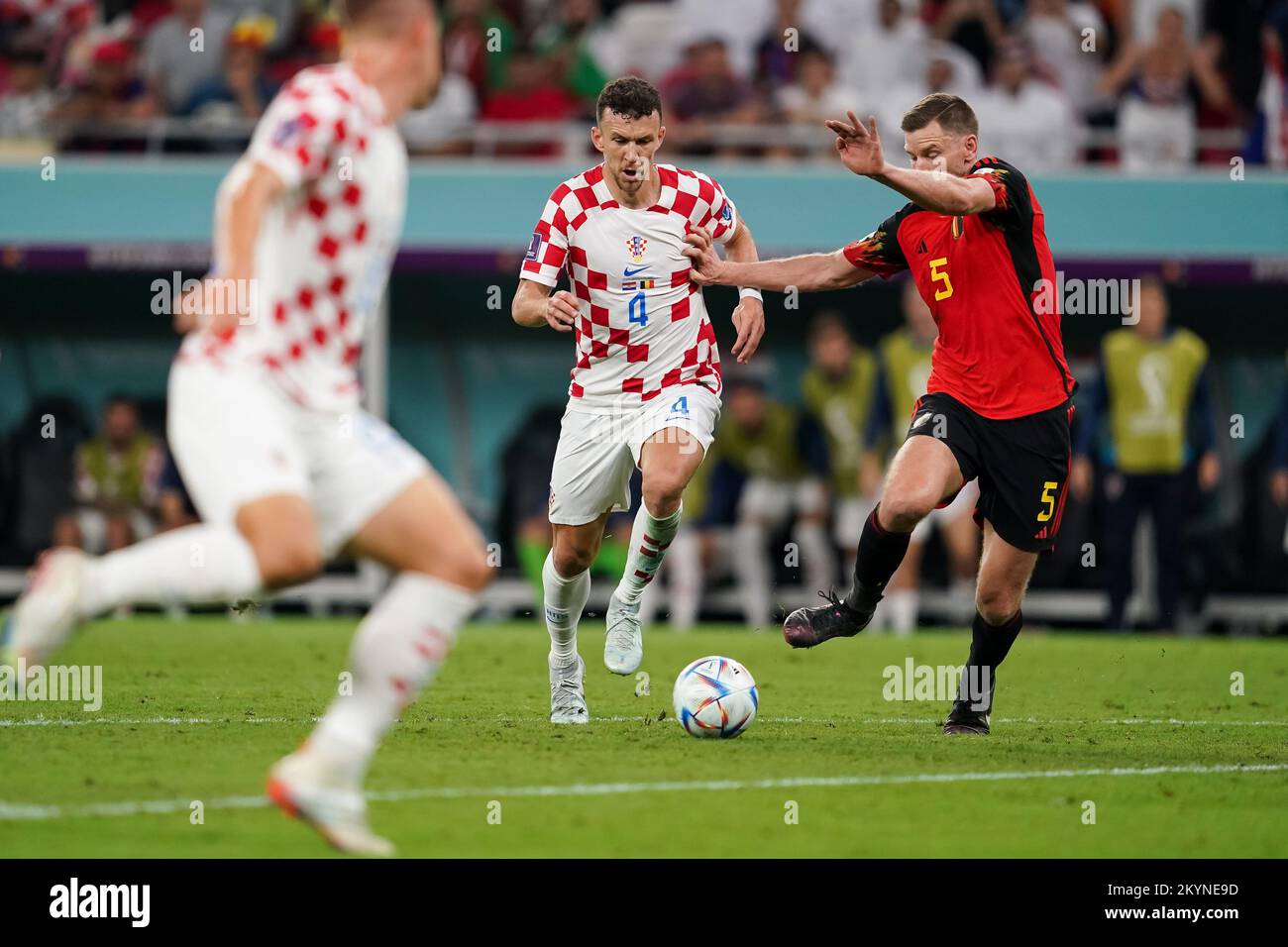 DOHA, QATAR - DECEMBER 1: Player of Croatia  Ivan Perisic fights for the ball with player of Belgium Jan Vertonghen during the FIFA World Cup Qatar 2022 group F match between Croatia and Belgium at Ahmad Bin Ali Stadium on December 1, 2022 in Doha, Qatar. (Photo by Florencia Tan Jun/PxImages) Stock Photo