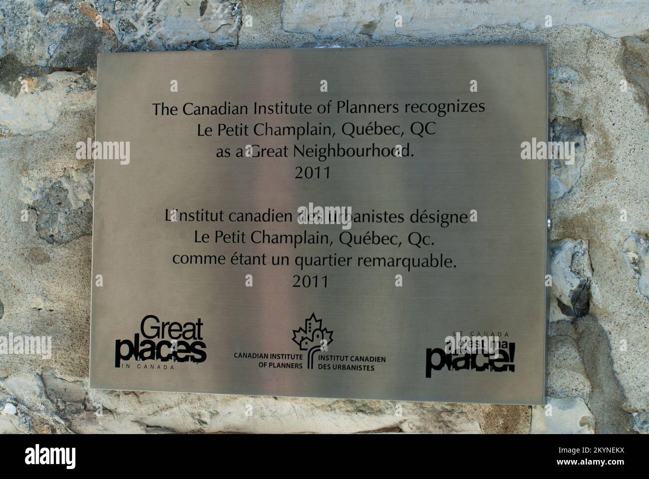 The Canadian Institute of Planners recognize Le Petit Champlain as a Great Neighborhood plaque in Quebec City Stock Photo