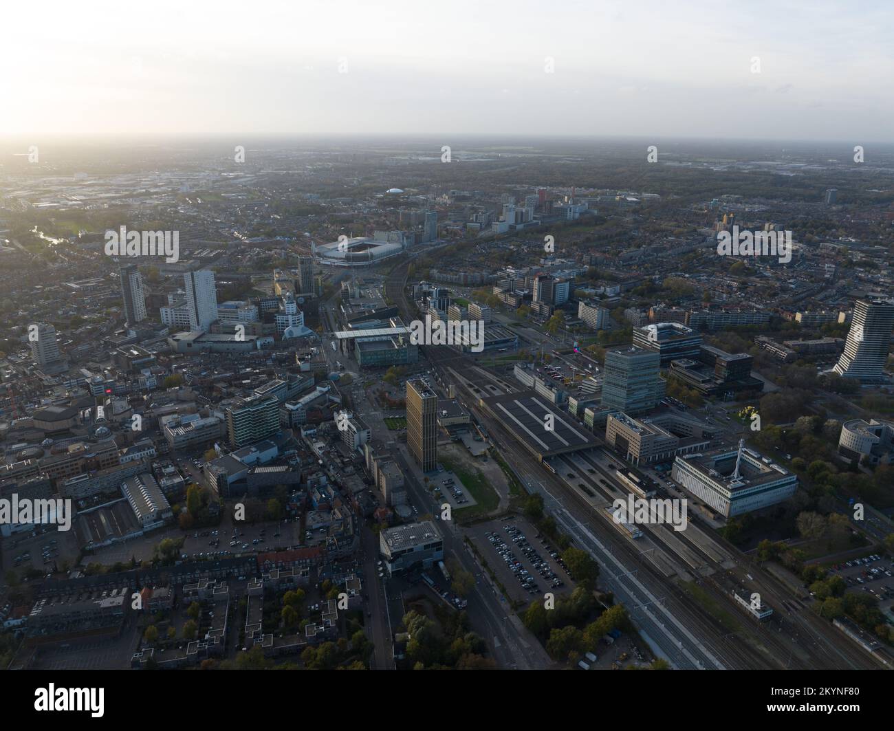 Eindhoven, 2th of November 2022, The Netherlands. Inner city center skyline, rail roadstation, Philips buildings, PSV stadium and infrastructure. City Stock Photo