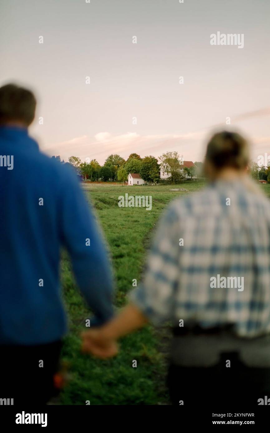 Mature couple holding hands and walking on field Stock Photo