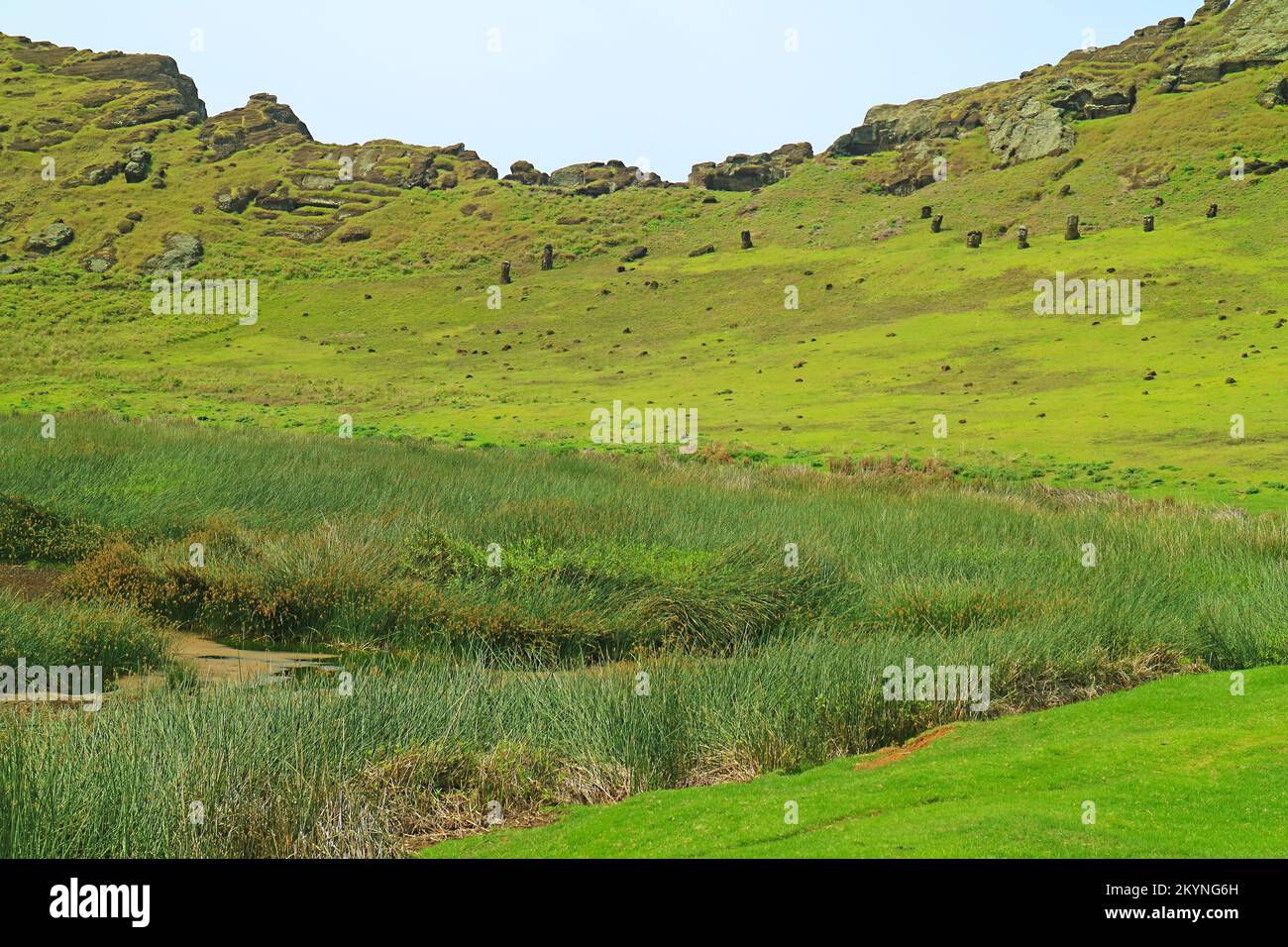 Lake Raraku The crater lake with large group of abandoned Moai statues on the ...