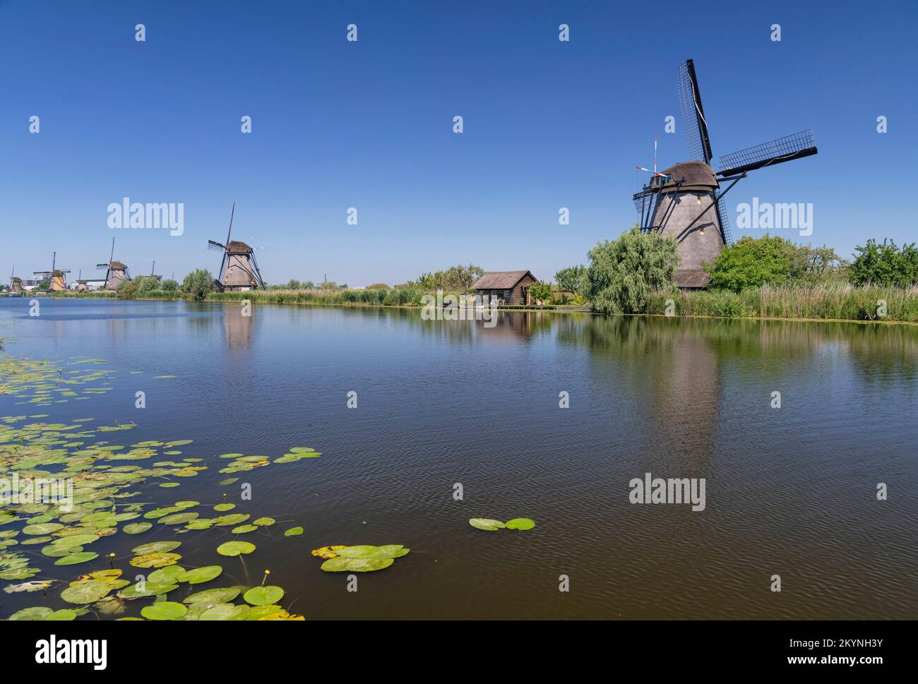 Holland, South Holland Province, Kinderdijk, Some of the village's 19 Windmills built in the 18th century. Stock Photo