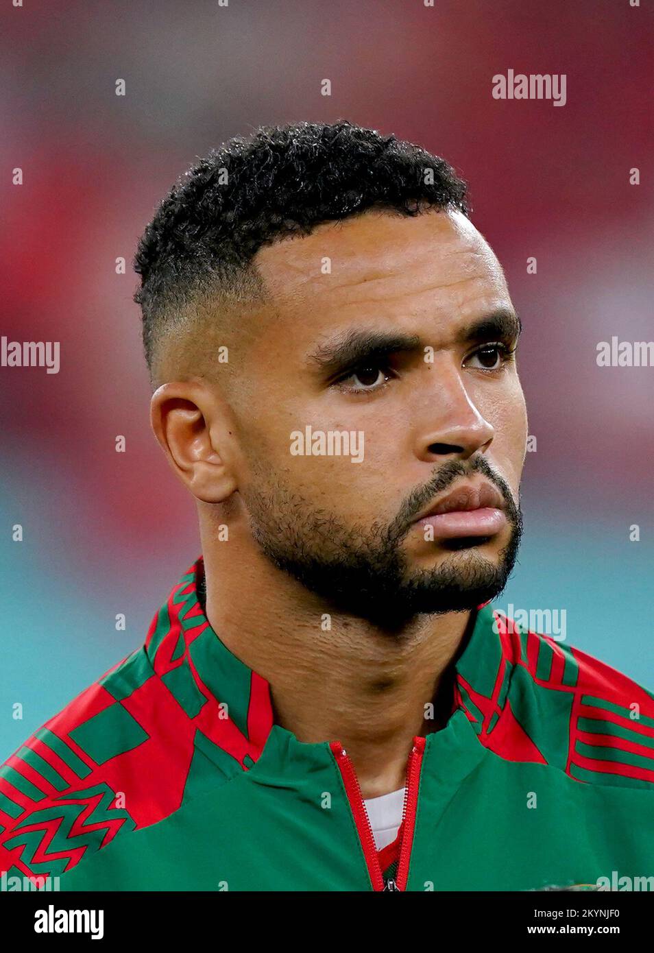 Morocco's Youssef En-Nesyri lines up on the pitch ahead of the FIFA World Cup Group F match at the Al Thumama Stadium, Doha, Qatar. Picture date: Thursday December 1, 2022. Stock Photo