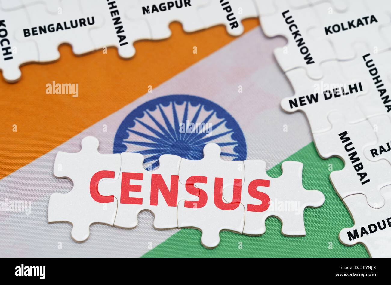 National concept. On the flag of India - puzzles with the names of cities and puzzles with the inscription - CENSUS Stock Photo