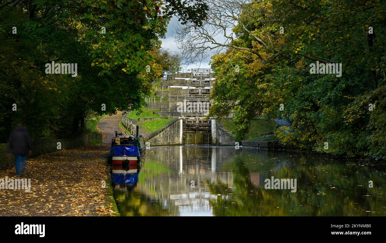 Barge on sunlit rural waterway, person walking on footpath, autumn colour - 5 Rise Locks, Leeds Liverpool Canal, Bingley, West Yorkshire, England UK. Stock Photo