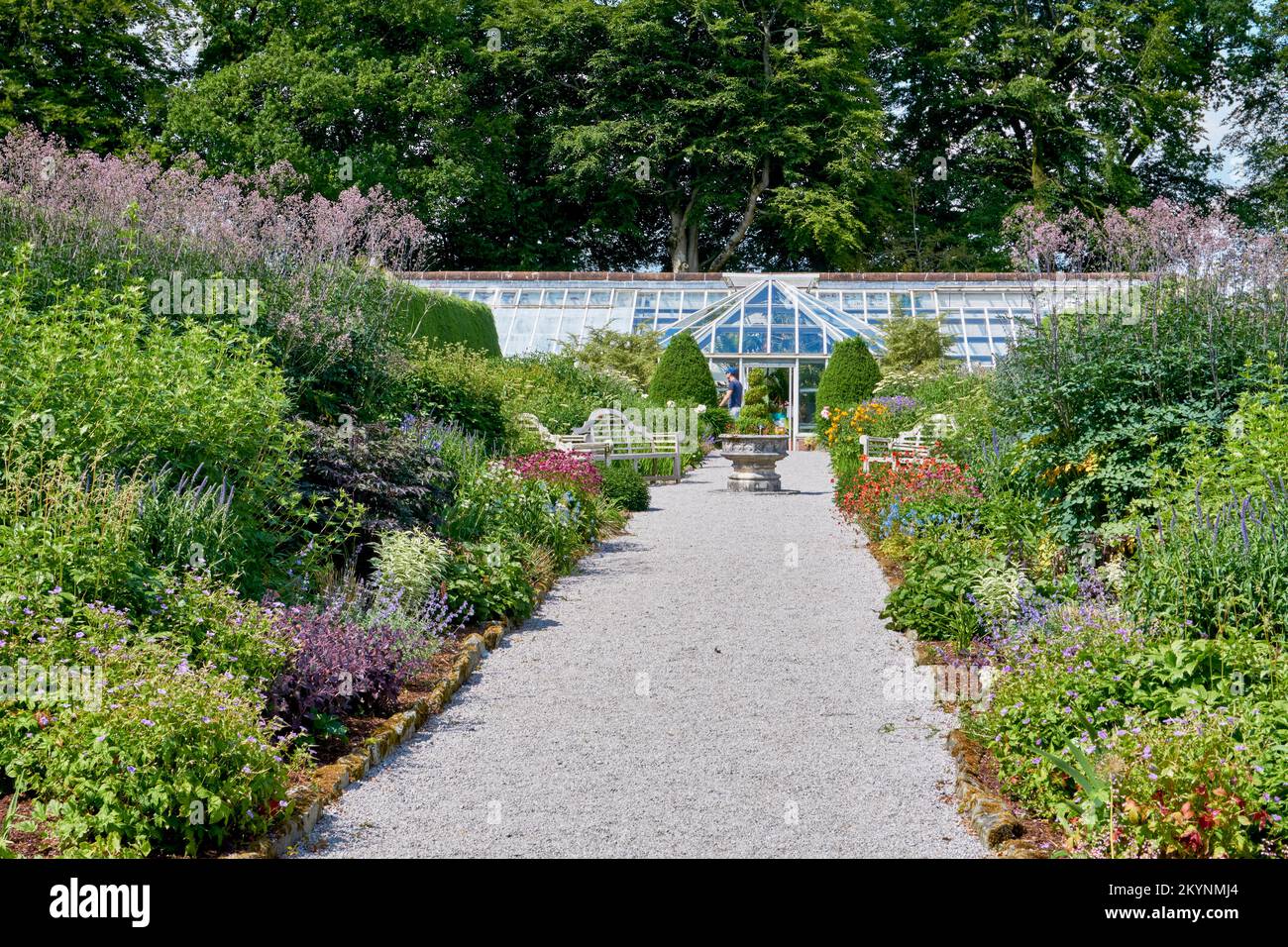 Herbaceous flower borders in the walled garden at Threave Gardens in Dumfries and Galloway, Scotland. Stock Photo