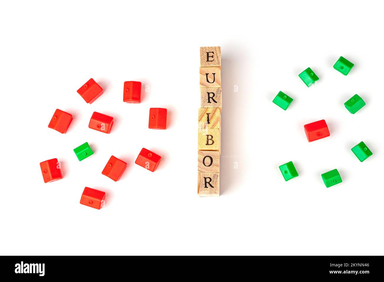 View From Above on Word EURIBOR Is Written In Wooden Letters On White Background, On Sides Small Houses of Red and Green Color. Copy paste. Concept of Stock Photo