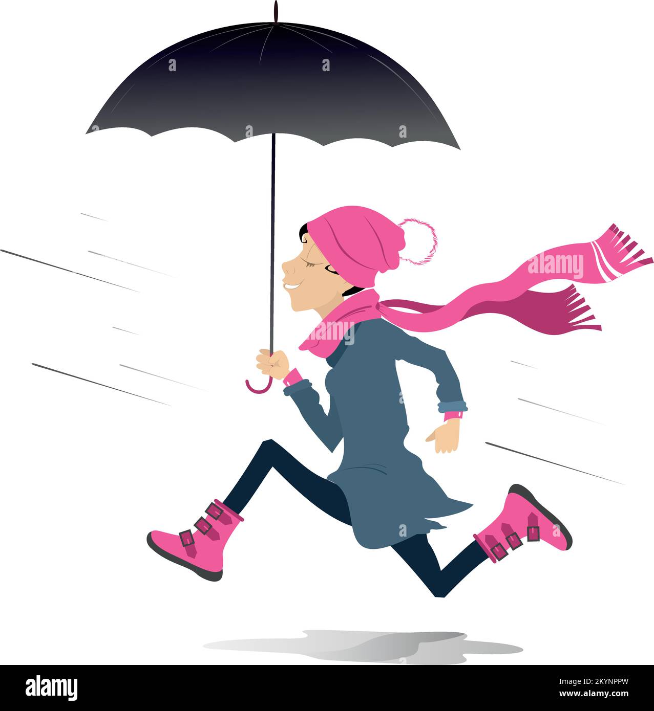 Wind, rain. Running young woman with umbrella. Funny running woman in