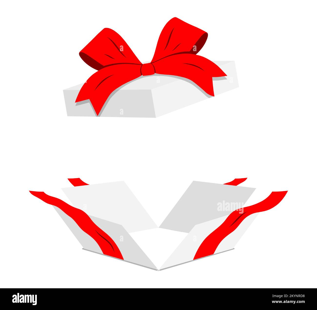 Open white gift box with red ribbon, isolated on background. Flat style present box vector illustration. Stock Vector