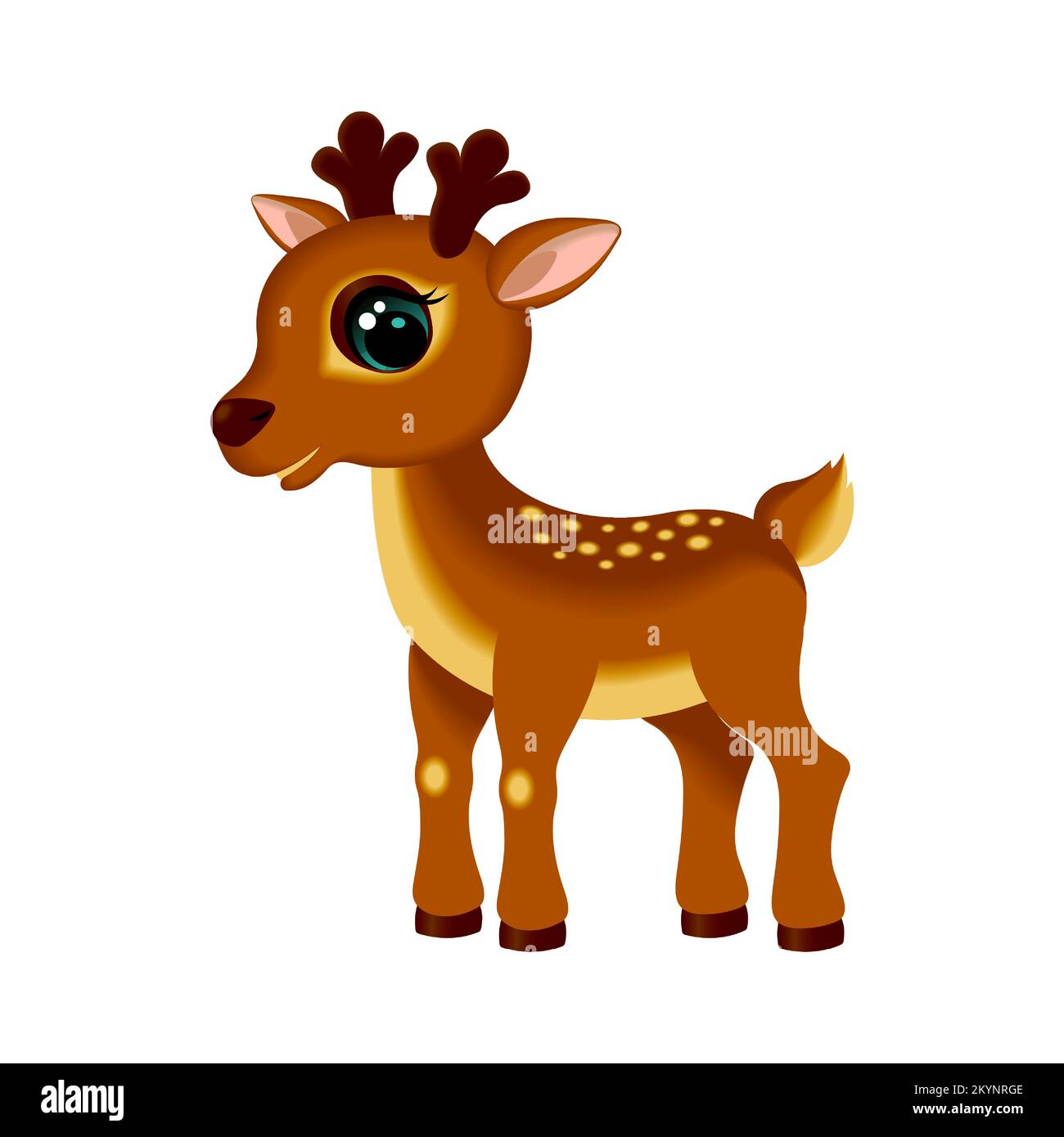 Cute cartoon fawn of brown color with big eyes isolated on white