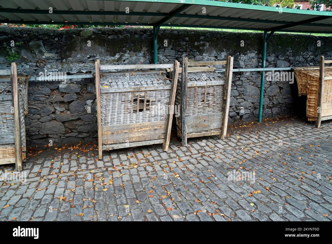 traditional wooden basket sleds in funchal on madeira island Stock